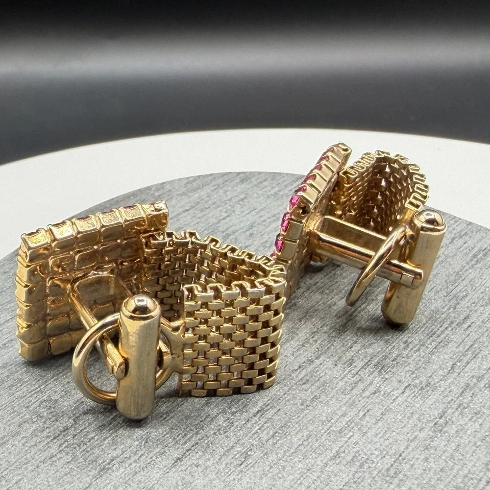 Gold Tone Pink Clear Rhinestone Square Wraparound Mesh Cufflinks Formal Jewelry